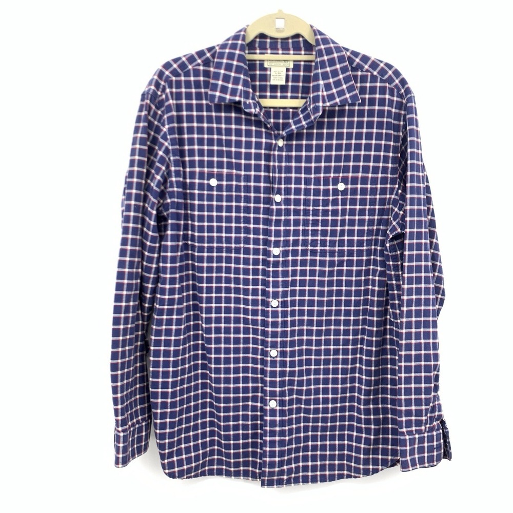 LL Bean Men Size‎ Medium Shirt Button Down Top Blue Red Checkered Plaid Cotton